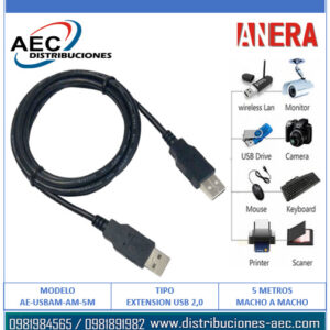 EXTENSIÓN USB 2.0 MACHO A MACHO 5 METROS COLOR NEGRO