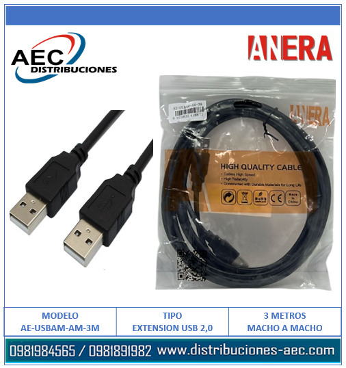 EXTENSIÓN USB 2.0 MACHO A MACHO 3 METROS COLOR NEGRO - Imagen 2