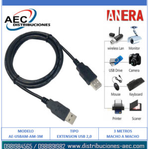 EXTENSIÓN USB 2.0 MACHO A MACHO 3 METROS COLOR NEGRO