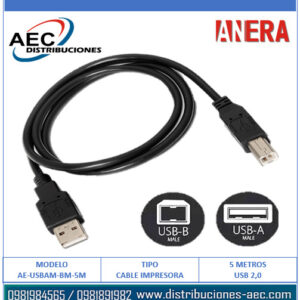 CABLE USB 2.0 TIPO AB PARA IMPRESORA 5 METROS COLOR NEGRO