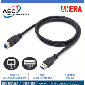 CABLE USB 3.0 TIPO AB PARA IMPRESORA 2 METROS COLOR NEGRO 