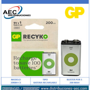 BATERÍA 9 VOLTIOS RECARGABLE RECYKO GP 200 MAH BLISTER X 1