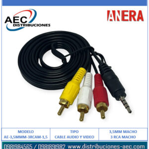 CABLE DE AUDIO 3.5MM TRIPOLAR MACHO A 3RCA MACHO 1.50 METROS