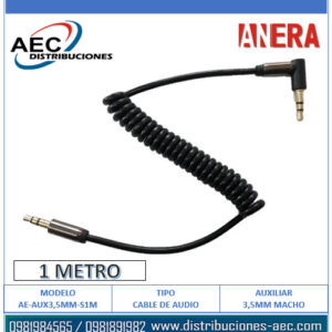 CABLE DE AUDIO AUXILIAR EN ESPIRAL PLUG 3.5MM ESTÉREO MACHO A MACHO 1 METRO NEGRO