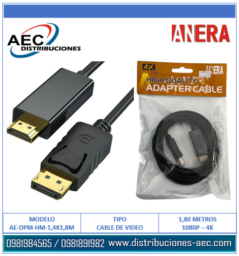 CABLE PUERTO DISPLAY MACHO A HDMI MACHO 1.80 METROS ANERA - Imagen 2