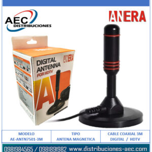 ANTENA DIGITAL PARA TV BASE MAGNÉTICA  HD / SMART TV  CABLE 3 METROS 