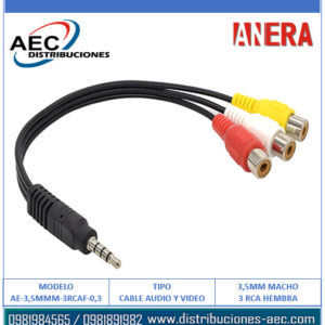 CABLE DE AUDIO 3.5MM TRIPOLAR MACHO A 3RCA HEMBRA 0.30 CM