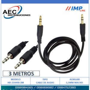 CABLE DE AUDIO AUXILIAR PLUG 3.5MM ESTÉREO MACHO A MACHO 3 METROS NEGRO