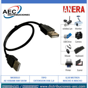 EXTENSIÓN USB 2.0 MACHO A MACHO 0.50 CENTÍMETROS COLOR NEGRO