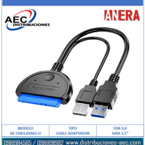 CABLE ADAPTADOR USB 3.0 A SATA HDD 2.5" CON CABLE DE ALIMENTACIÓN USB 2.0