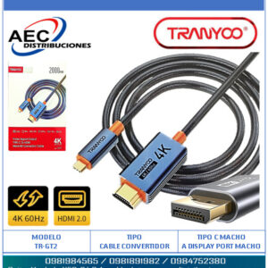 CABLE CONVERTIDOR USB TIPO C MACHO A DISPLAY PORT MACHO 4K / 2MT CON ESTUCHE TRANYOO