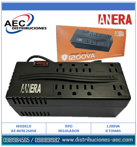 REGULADOR DE VOLTAJE 1200VA / 8 TOMAS MARCA ANERA