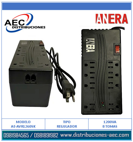 REGULADOR DE VOLTAJE 1200VA / 8 TOMAS MARCA ANERA - Imagen 2