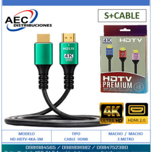 CABLE HDMI MACHO A MACHO 3M / 4K V2.0 PLUGS VERDES ECONOMICO