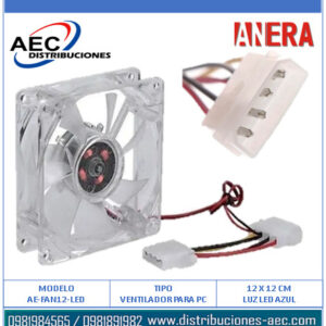 VENTILADOR PARA CPU 12X12CM 12V – 0.16A LUZ LED 4P TRANSPARENTE