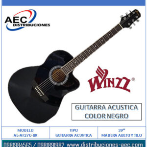 GUITARRA ACÚSTICA COLOR NEGRO – MADERA DE ABETO Y TILO DE 39″ – WINZZ