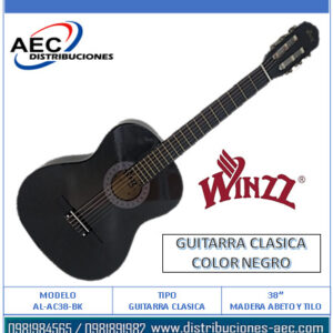 GUITARRA CLÁSICA COLOR NEGRO / MADERA DE ABETO Y TILO DE 38″