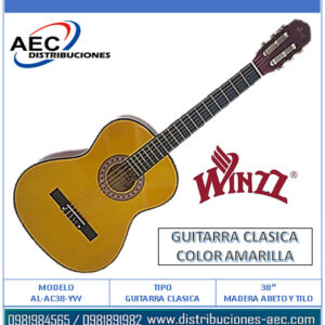 GUITARRA CLÁSICA COLOR AMARILLA / MADERA DE ABETO Y TILO DE 38″