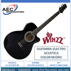 GUITARRA ELECTRO ACÚSTICA COLOR NEGRA / MADERA DE ABETO Y ARAUCARIA DE 40″ WINZZ