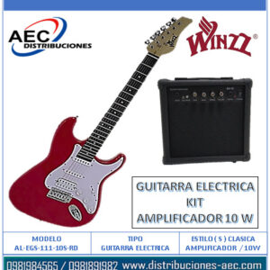 KIT GUITARRA ELÉCTRICA COLOR ROJO ESTILO ( S ) CLÁSICO CON AMPLIFICADOR 10 WATTS WINZZ