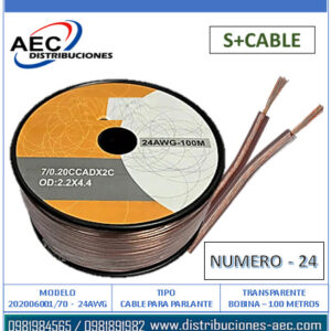 BOBINA DE CABLE PARA PARLANTE (#24) TRANSPARENTE – 100 METROS 20% COBRE