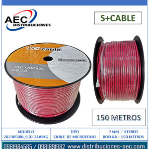 BOBINA CABLE PARA MICRÓFONO STEREO 7MM / 150M COLOR ROJO