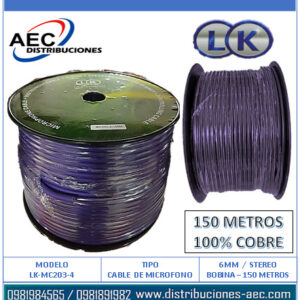 BOBINA CABLE PARA MICRÓFONO STEREO 6MM / 150M COLOR LILA 100% COBRE