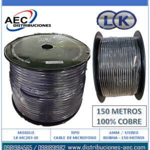 BOBINA CABLE PARA MICRÓFONO STEREO 6MM / 150M COLOR NEGRO 100% COBRE