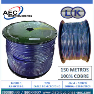 BOBINA CABLE PARA MICRÓFONO STEREO 6MM / 150M COLOR AZUL 100% COBRE
