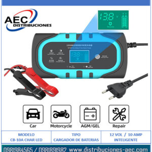 CARGADOR PARA BATERIAS / ACIDO PLOMO, AGM, GEL 12V – 10A INTELIGENTE AUTOMATICO CON PANTALLA LCD