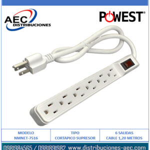 SUPRESOR CORTAPICOS POWEST NMNET-7516 60HZ 15A 6 TOMAS 120V BLANCO