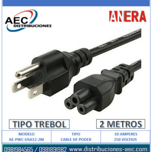 CABLE DE PODER TIPO TRÉBOL 2 METROS GRUESO 3 HILOS COLOR NEGRO 15 AMP