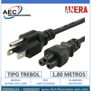 CABLE DE PODER TIPO TREBOL 1.80 METROS 3 HILOS COLOR NEGRO