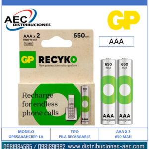 PILA RECARGABLE AAA 650MAH GP BLISTER POR 2 UNIDADES