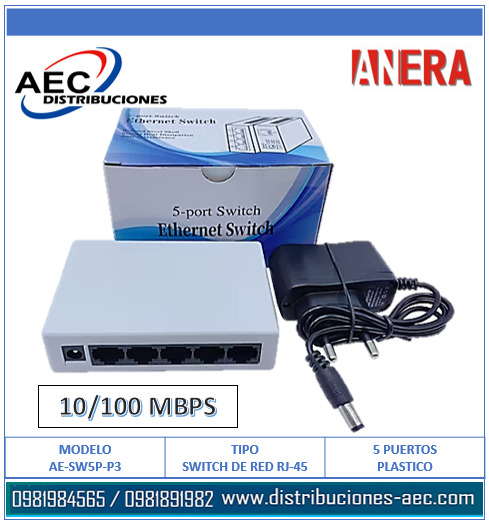 Switch Red Rj45 SWITCH DE RED RJ-45 - 5 PUERTOS 10/100MBPS PLÁSTICO | Distribuciones AEC