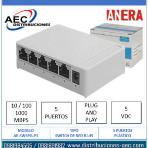 SWITCH DE RED RJ-45 – 5 PUERTOS 10/100/1000MBPS PLÁSTICO