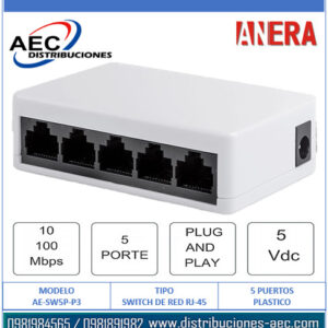 SWITCH DE RED RJ-45  -  5 PUERTOS 10/100MBPS PLÁSTICO