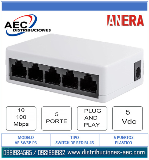 Switch Red Rj45 SWITCH DE RED RJ-45 - 5 PUERTOS 10/100MBPS PLÁSTICO | Distribuciones AEC