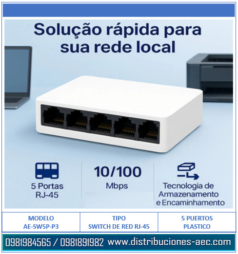 Switch Red Rj45 SWITCH DE RED RJ-45 - 5 PUERTOS 10/100MBPS PLÁSTICO | Distribuciones AEC