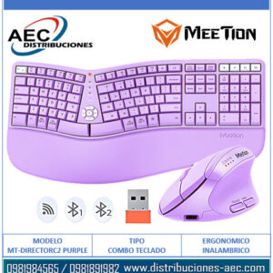 COMBO ERGONÓMICO TECLADO Y MOUSE INALÁMBRICO MODO DUAL MT-DIRECTOR C2 PURPURA MEETION