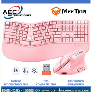 COMBO ERGONÓMICO TECLADO Y MOUSE INALÁMBRICO MODO DUAL MT-DIRECTOR C2 ROSADO MEETION