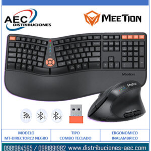 COMBO ERGONÓMICO TECLADO Y MOUSE INALÁMBRICO MODO DUAL MT-DIRECTOR C2 NEGRO MEETION