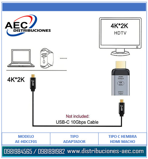 ADAPTADOR TIPO C HEMBRA A HDMI MACHO CALIDAD 4K - Imagen 3