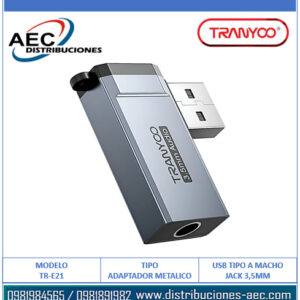 ADAPTADOR USB MACHO A JACK 3.5MM CARCASA METÁLICA TRANYOO