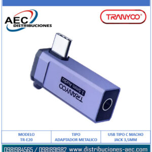 ADAPTADOR USB TIPO C MACHO A JACK 3.5MM CARCASA METÁLICA TRANYOO