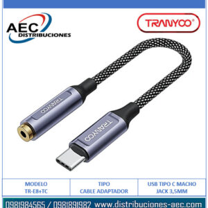 CABLE CONVERTIDOR DE AUDIO USB TIPO C MACHO  A JACK 3.5MM TRANYOO