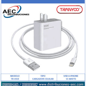 CARGADOR TRANYOO USB A -IPHONE CARGA RAPIDA 55W 5AMP