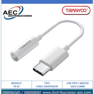 CABLE CONVERTIDOR DE AUDIO USB TIPO C MACHO A JACK 3.5MM TRANYOO