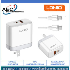 CARGADOR CELULAR LDNIO A2526C 45 WATTS INCLUYE CABLE TIPO C