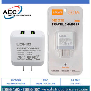 CARGADOR CUBO LDNIO H2221 DOBLE PUERTO USB 12 WATTS